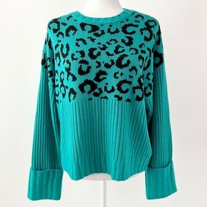 NINE WEST | Aqua Teal Leopard Chunky Oversized Sweater